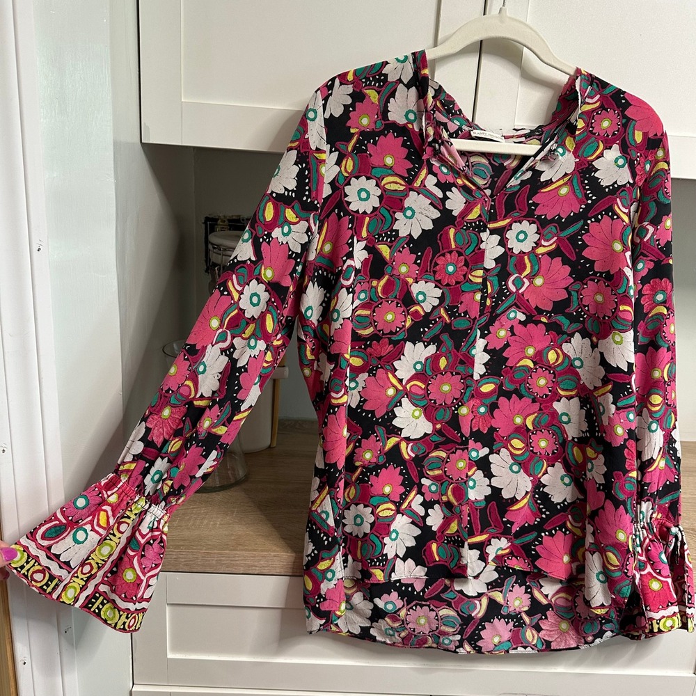 Ramy Brook Silk Blouse Women L Retro Floral Long Bell Sleeve V Neck Designer Top
